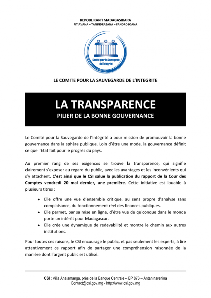 CSI salue la publication du rapport de la Cour des Comptes